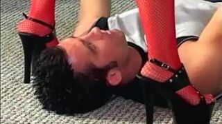 Pretty brunette facesitting in fishnet lingerie - porn video